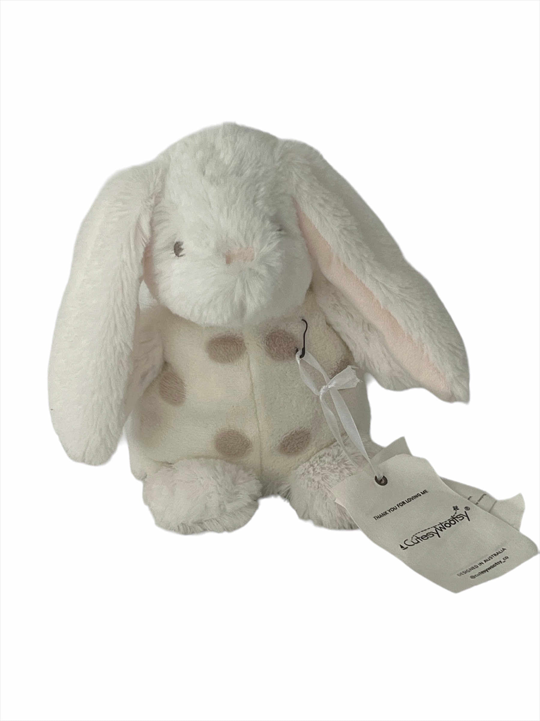 Soft cream bunny cuddly companion plush toy by Cutesy Wootsy, perfect for baby girls and toddler snuggles.