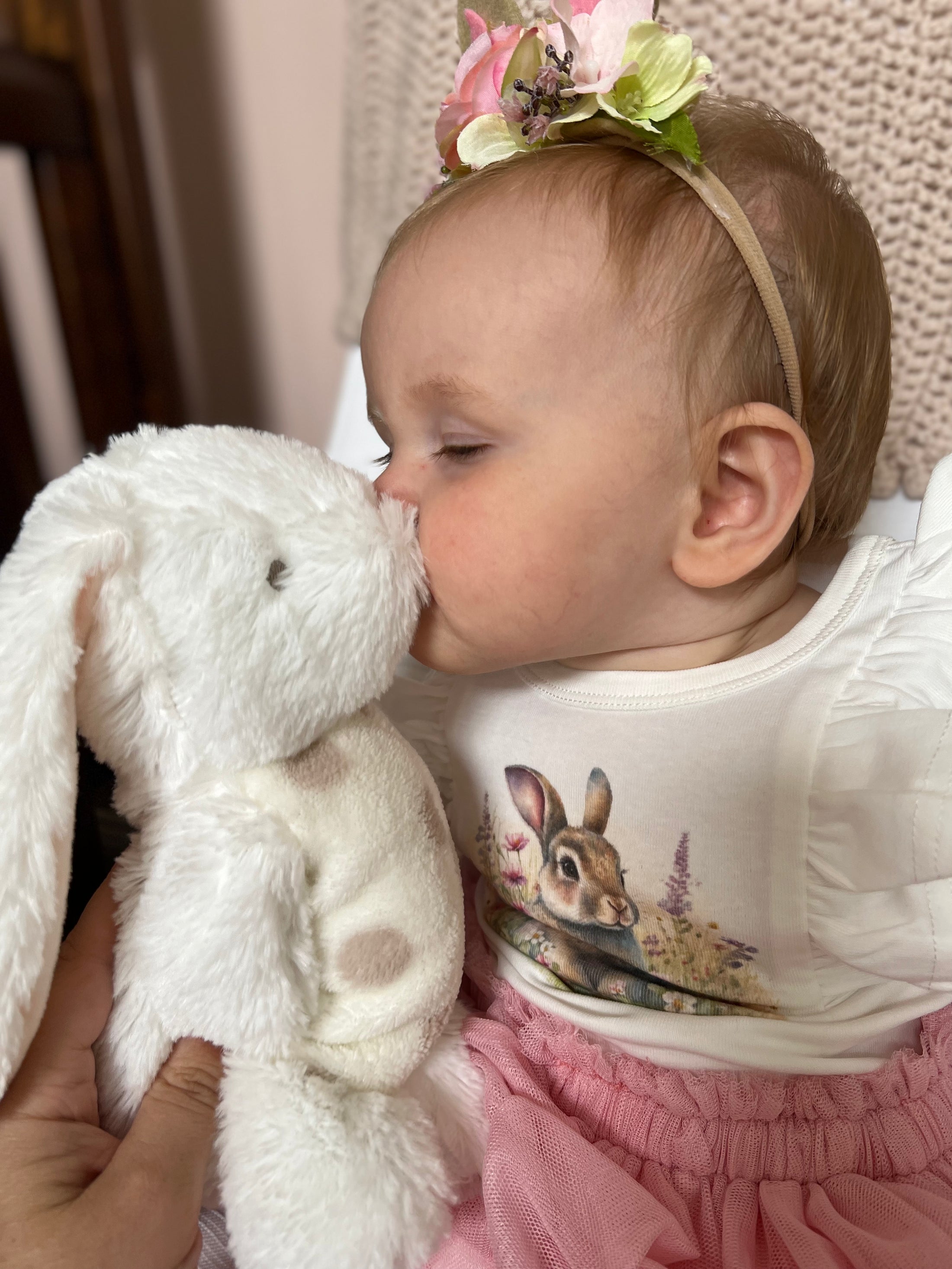 Soft cream bunny cuddly companion plush toy by Cutesy Wootsy, perfect for baby girls and toddler snuggles.