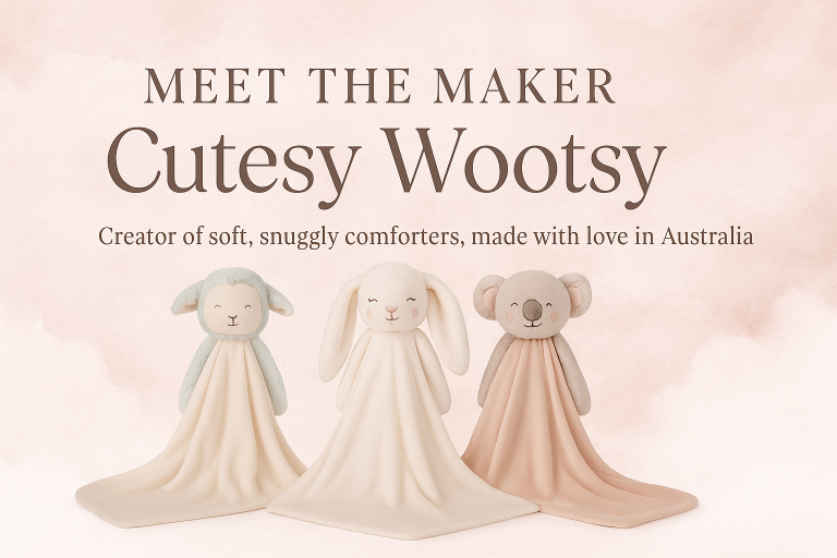Meet the Maker banner for Cutesy Wootsy showing three plush animal comforters—Tiffany Lamb, Ariel Bunny, and Coral Koala—displayed with long, flowing blankets and soft pastel tones. Text highlights the story behind the Australian brand.