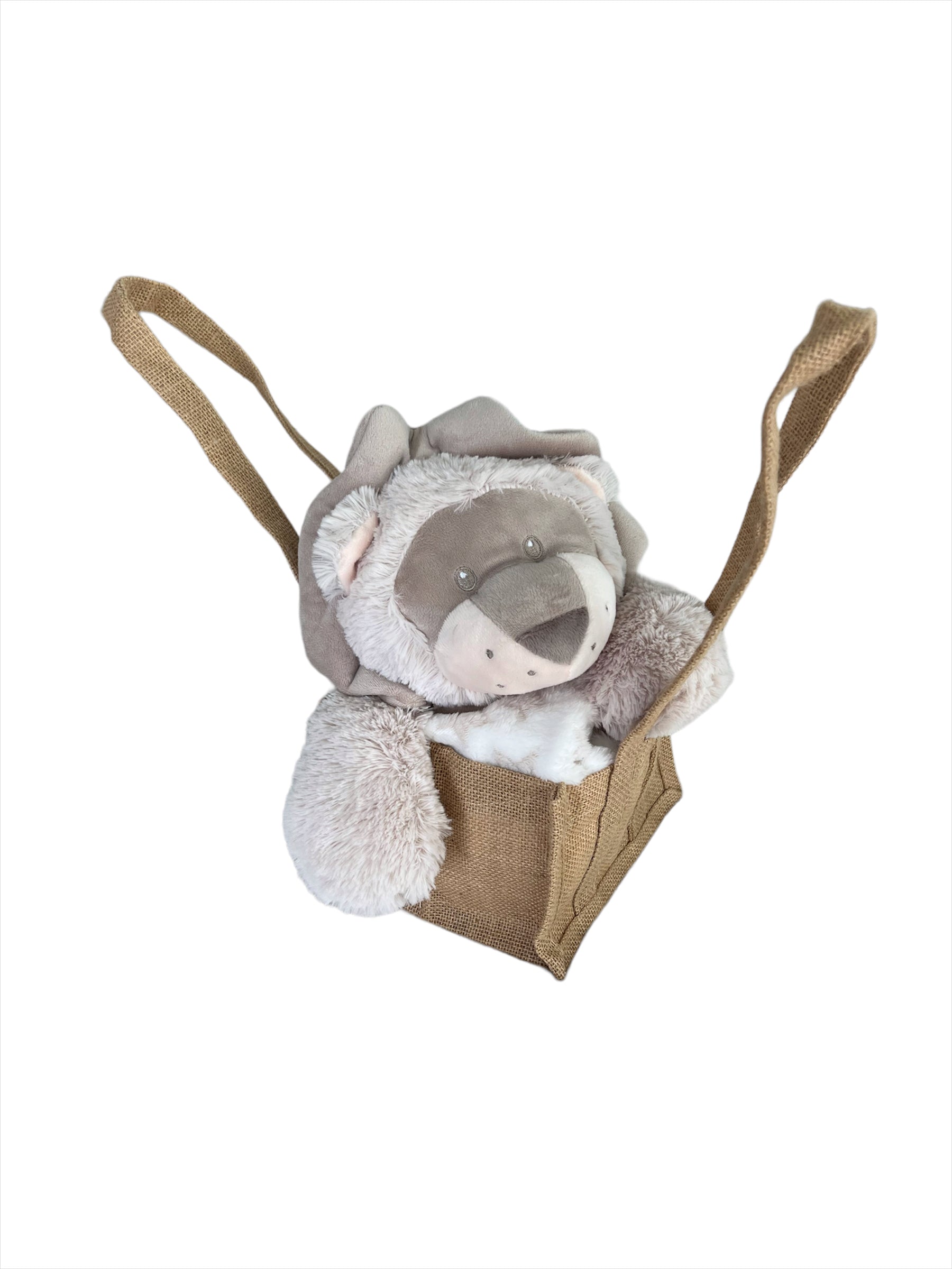 An easygoing lion head in the shape of a sun with caramilk shades of short and long, fluffy plush, sitting propped up waiting to give a cuddle in a natural, brown hessian jute bag