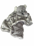 Load image into Gallery viewer, A precious, gentle, stormy-cloud grey Koala plush toy head with fluffy white fur inside its ears and 2 gentle paws resting on a luxuriously large, 2 layer stormy grey-cloud blanket with fresh white stars and an underlay of that same calming stormy-cloud colour of cozy long plush, laying settled and patient offering countless cuddles
