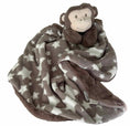 Load image into Gallery viewer, Sweet, innocent, loving monkey face with 2 paws attached and resting on an extra large  couverture chocolate brown coloured cuddly blanket with soft white stars on top layer and an irresistable solid long plush second layer. Quietly, patiently  waiting for his next hug and to settle his infant to sleep
